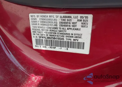 2005 Honda Odyssey Ex-L from USA, damaged, VIN 5FNRL38625B418545